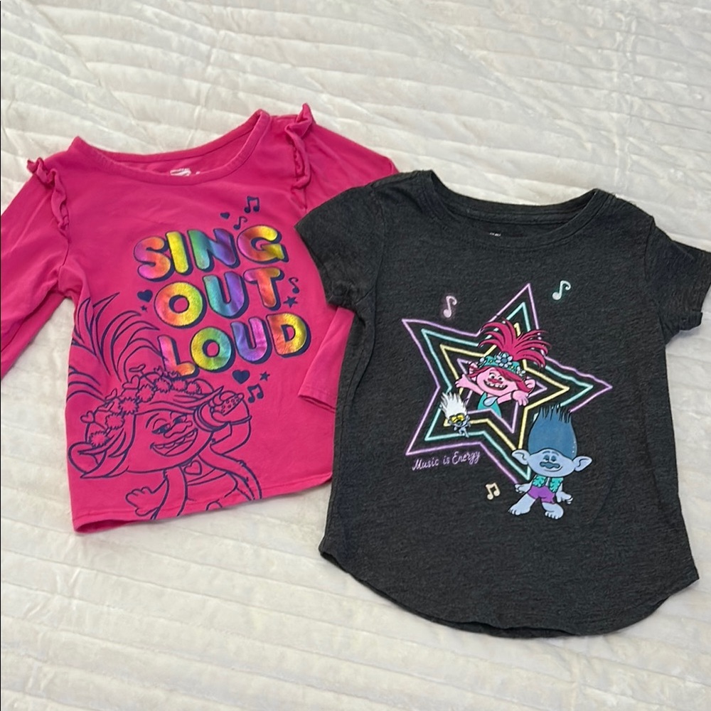 Trolls Pink long sleeve and Gray short Sleeve Tees size 4 & trolls sticker book